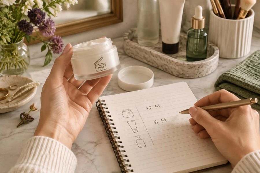 Konzeptuelles Bild zeigt eine Hand, die ein Kosmetikcreme-Glas mit offenem Tiegelsymbol und '12M' hält. Daneben schreibt eine Person Notizen in ein Notizbuch mit Kosmetikproduktsymbolen und Nutzungszeiten wie '12 M' und '6 M'. Im Hintergrund schmücken Schönheitsgegenstände wie Pinsel und Blumen einen Tisch.