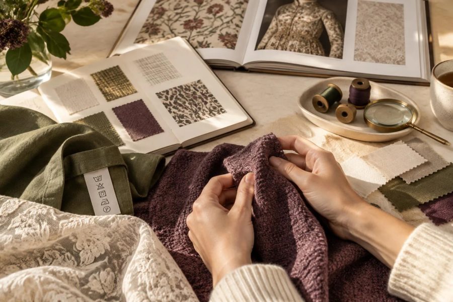 Hände, die einen violetten Stoff halten, mit Stoffmustern, Garnspulen, einer Lupe und Büchern mit Fotos und Stoffmustern auf einem Tisch.