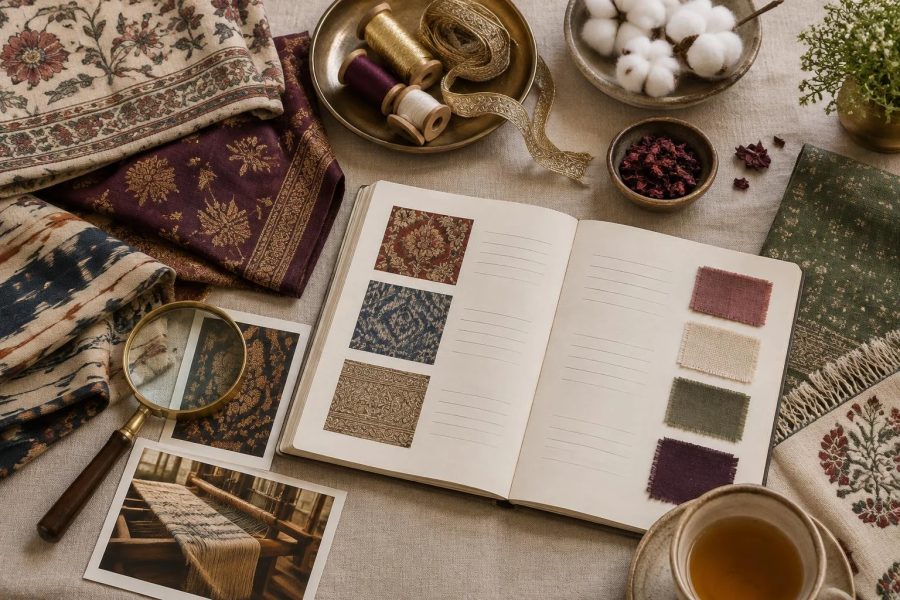 Konzeptuelles Bild eines offenen Notizbuchs mit Textil- und Farbmuster, umgeben von gemusterten Stoffen, einem Teller mit goldenen und violetten Garnen, einer Lupe, Fotos vom Weben, Baumwollkapseln und einer Tasse Tee auf einem Tisch.