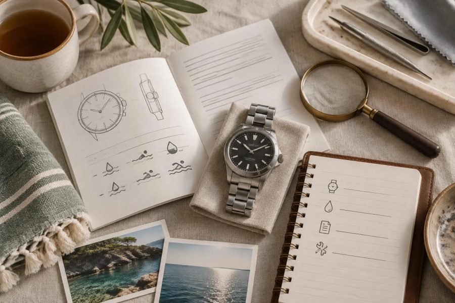 Ilustración conceptual de un reloj junto a un manual abierto con dibujos sobre resistencia al agua, una lupa, fotos de mar, una taza de té y un cuaderno con iconos relacionados.