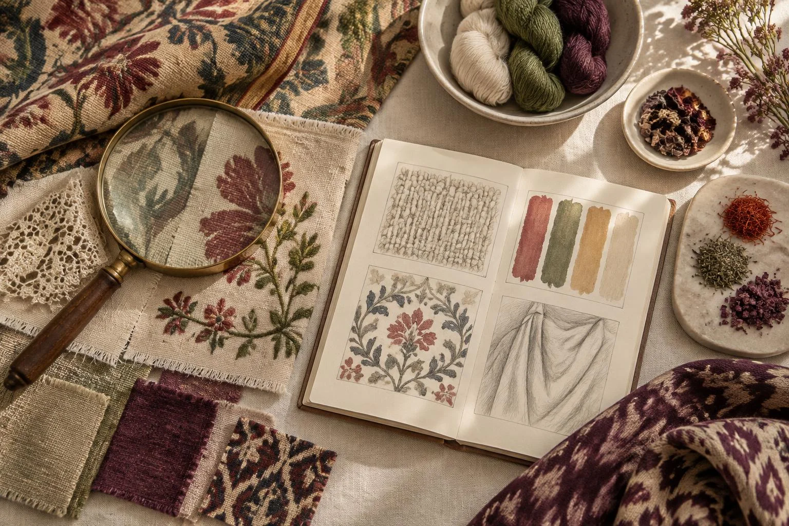 Conceptual image showing a table with fabric samples, a magnifying glass over a floral embroidery, an open notebook with sketches and color swatches, yarn skeins, and dishes with natural dyes.