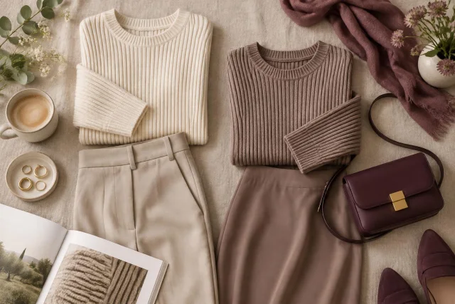 Conceptual editorial composition showing ribbed knit sweaters in close tones paired with similarly toned pants and skirts, accessorized with a bag, scarf, and jewelry.