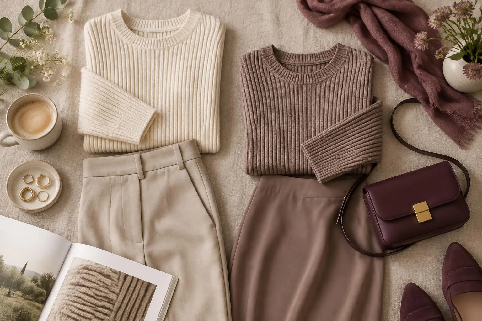 Composition éditoriale conceptuelle avec des pulls en maille côtelée dans des tons proches, associés à des pantalons et jupes de couleurs similaires, accompagnés d'accessoires comme un sac, une écharpe et des bijoux.