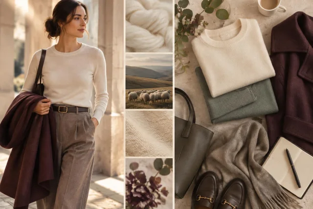 Conceptual editorial illustration showing a woman wearing a merino wool sweater and holding a dark cape, alongside details of wool fiber, sheep, and folded garments with accessories.