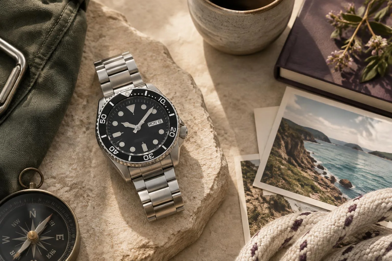 Ilustración conceptual de un reloj de acero con esfera negra y brazalete metálico sobre una piedra, acompañado de brújula, cuerdas, postales y una taza, con luz natural cálida.