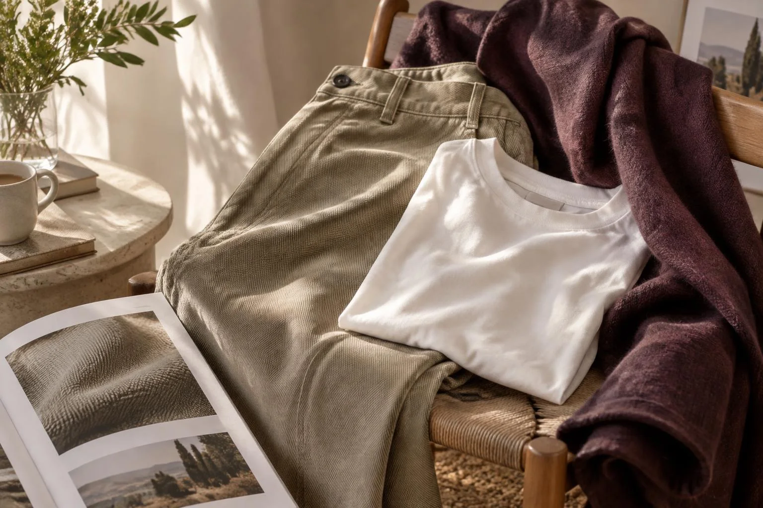 Imagen conceptual de prendas de ropa sobre una silla: pantalones beige de sarga, camiseta blanca doblada y capa marrón oscuro, con luz natural suave y elementos de decoración en el fondo.