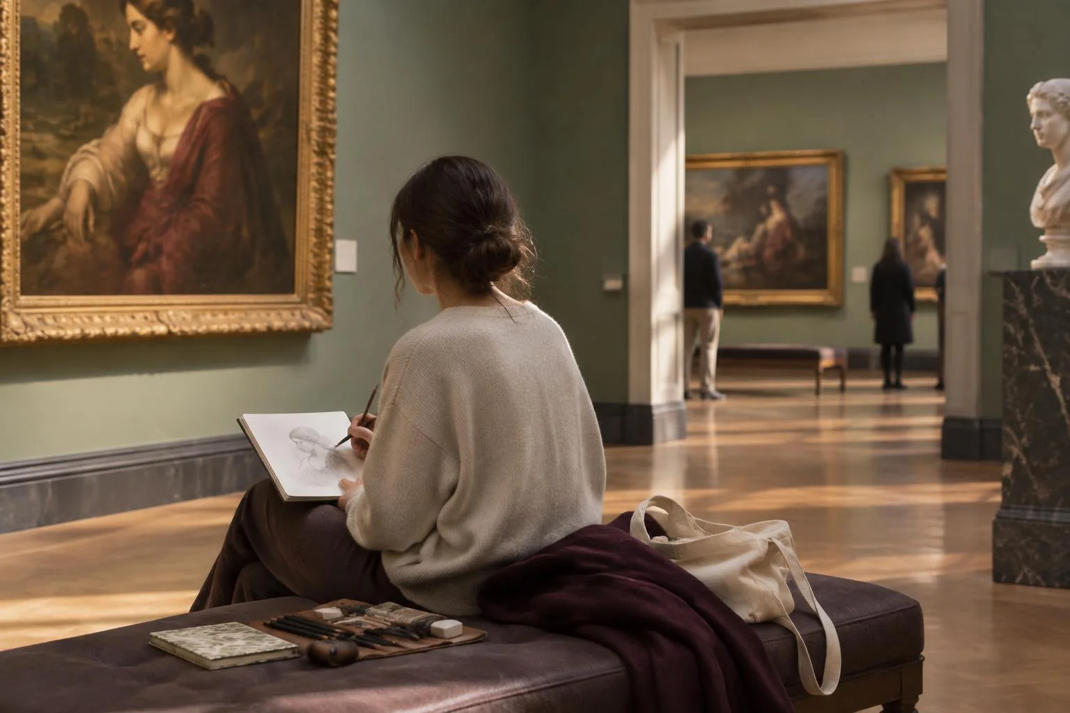 Image conceptuelle montrant une personne en train de dessiner dans un carnet assise sur un banc dans une galerie d'art, face à une peinture classique encadrée. D'autres personnes visibles à l'arrière-plan regardant des œuvres d'art.