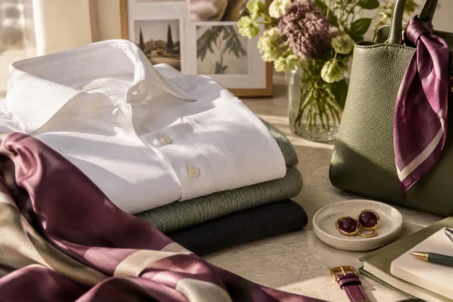 Conceptual editorial illustration showing a folded white pinpoint shirt alongside green and purple-toned garments and accessories, including a green bag with a purple scarf, jewelry, and flowers in a vase.