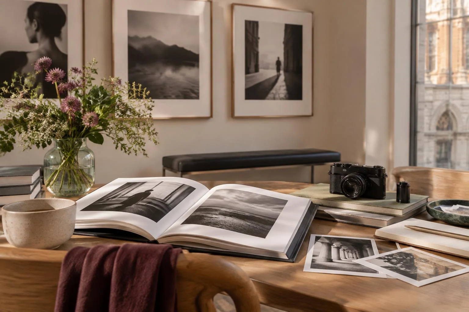 Imagen conceptual de un centro de fotografía con un libro abierto que muestra fotografías en blanco y negro, una cámara antigua sobre libros, flores en un jarrón y varias fotos impresas sobre una mesa de madera.