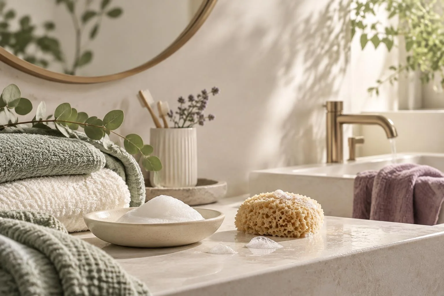 Image conceptuelle d'une salle de bain avec des serviettes vertes et blanches empilées, une éponge avec de la mousse sur le comptoir et un robinet doré.
