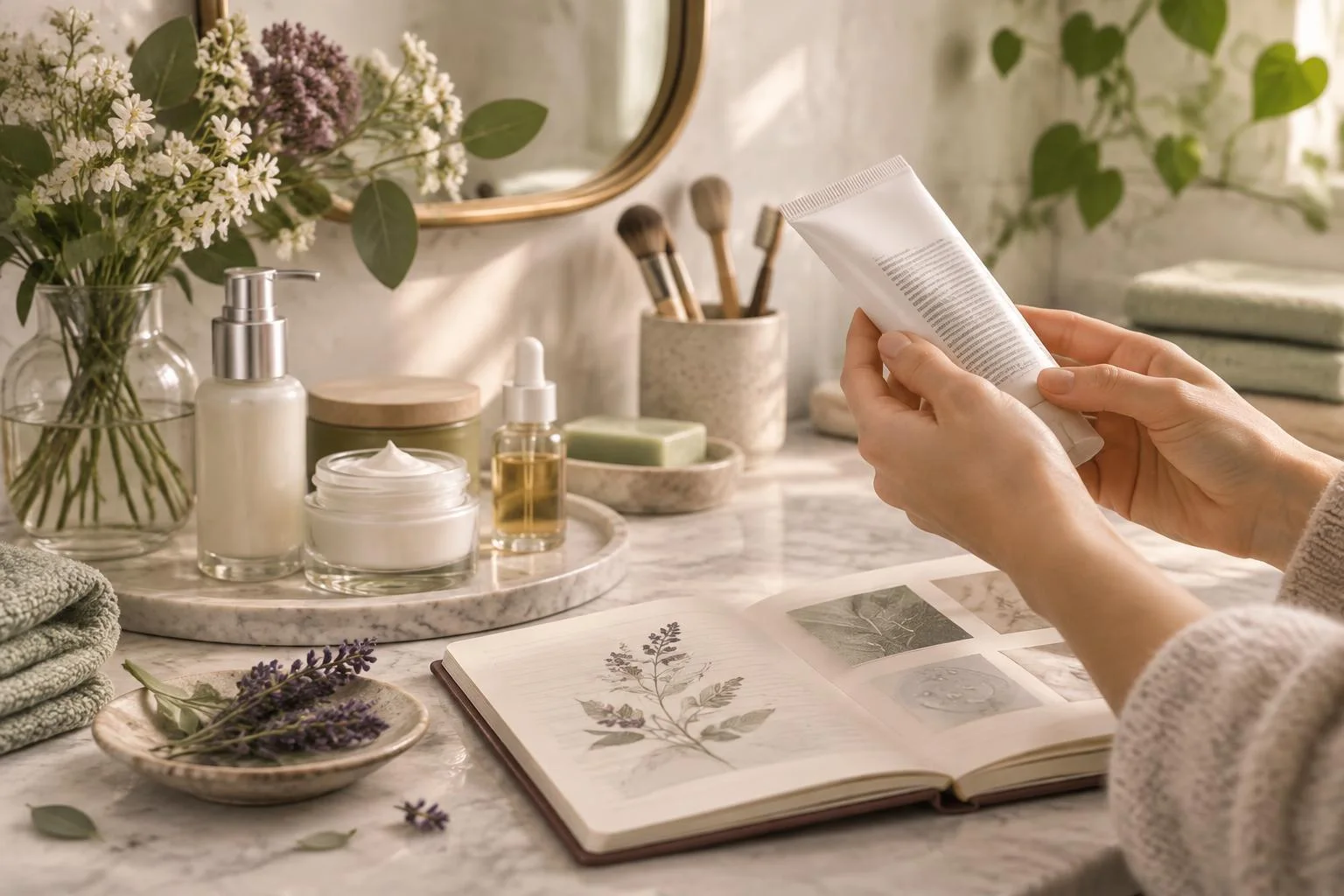 Imagen conceptual de una persona sosteniendo un tubo de crema cosmética frente a un libro abierto con ilustraciones botánicas, sobre una mesa con productos de cuidado de la piel y flores.