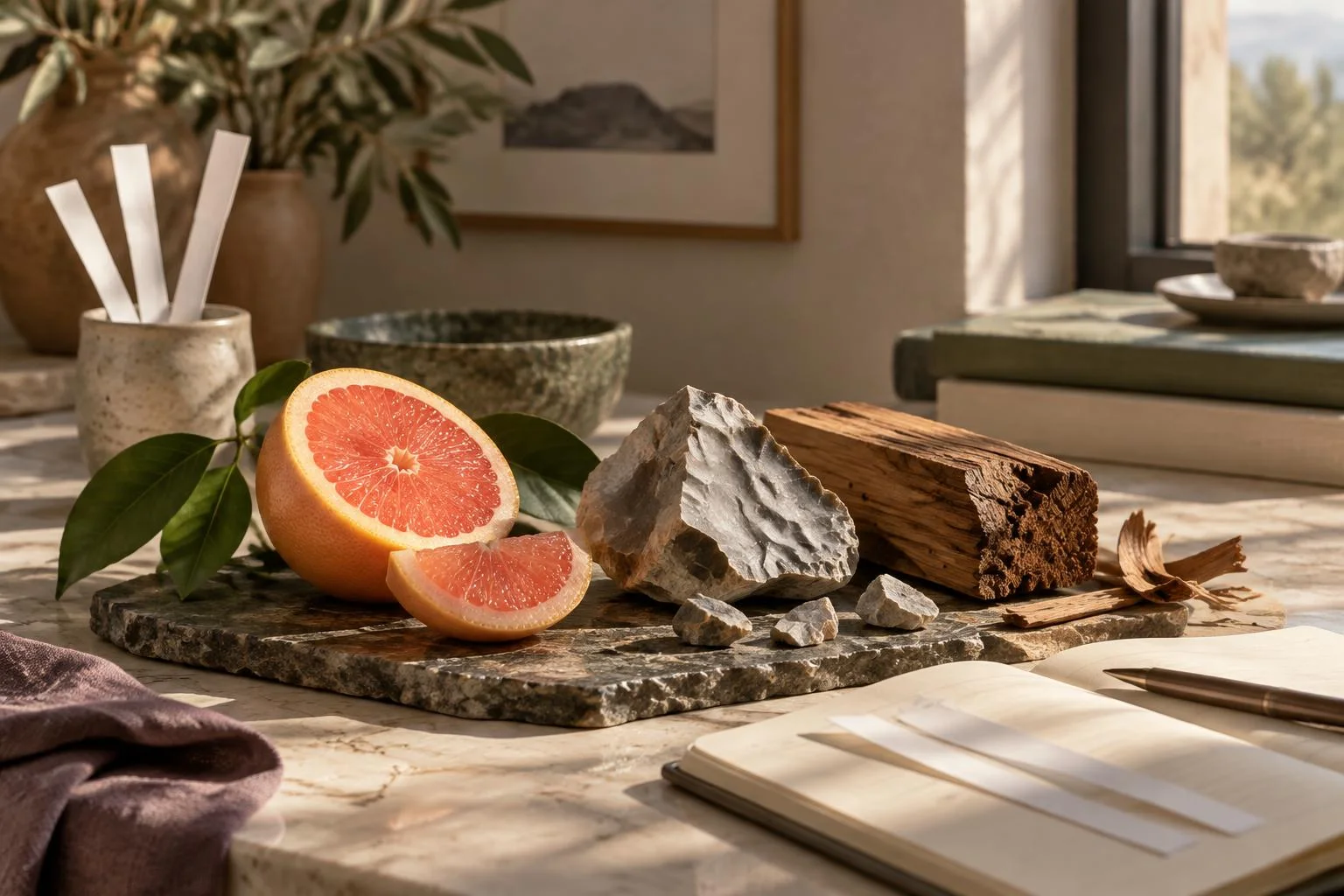 Ilustración conceptual que muestra una mesa con una toronja partida, trozos de piedra, un bloque de madera, y utensilios para perfumería en un ambiente cálido y natural.