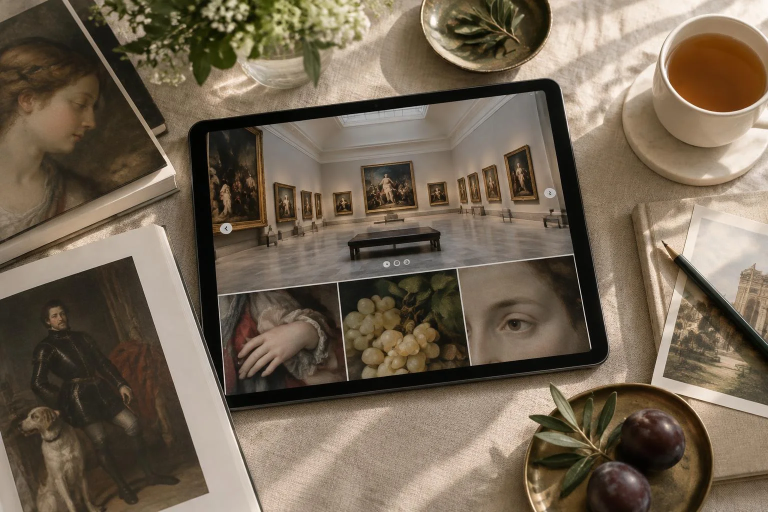 Conceptual image showing a virtual visit to the Prado Museum on a tablet, accompanied by art books, a cup of tea, fruits, and plants on a table.