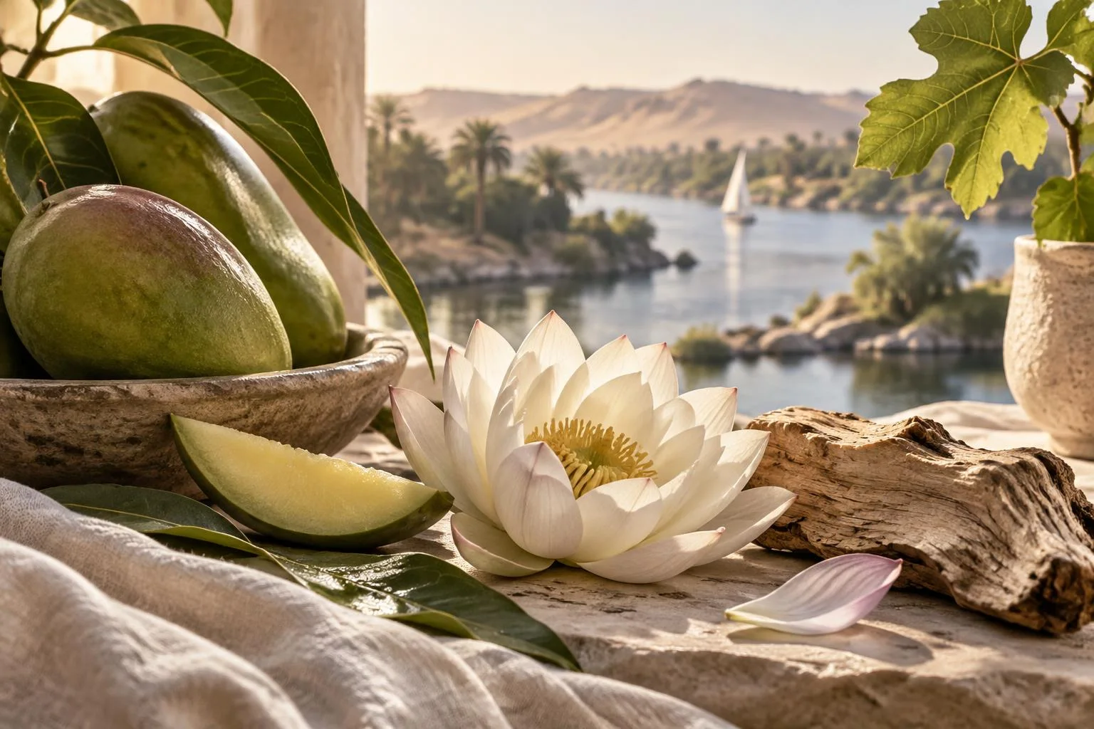 Ilustración conceptual que muestra mangos verdes, una flor de loto blanca y un trozo de madera flotante en primer plano, con un paisaje fluvial del Nilo al fondo.
