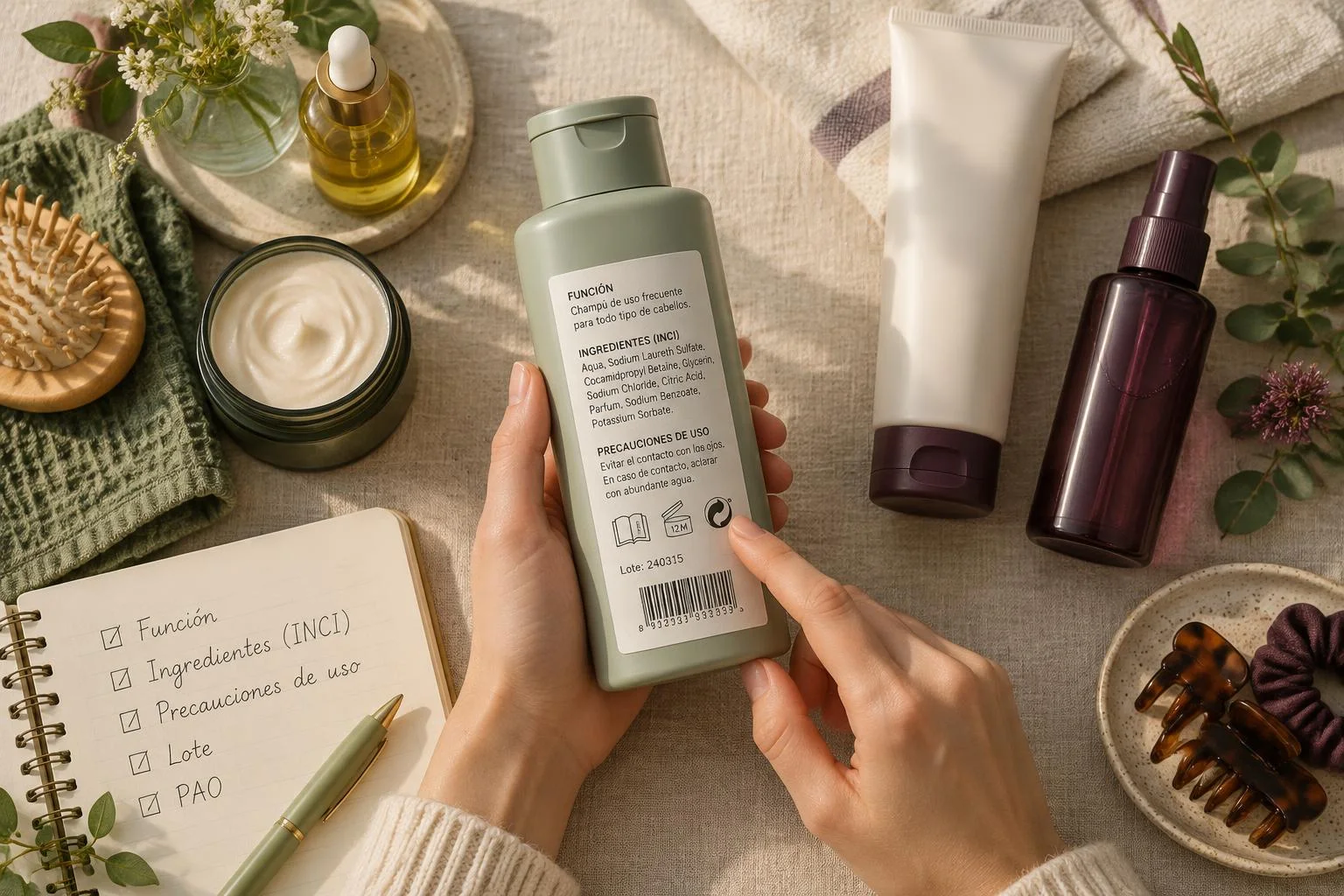 Imagen conceptual de una persona sosteniendo una botella de champú con la etiqueta visible que muestra función, ingredientes (INCI), precauciones de uso y número de lote, rodeada de productos cosméticos para el cuidado del cabello, un cuaderno con una lista marcada y elementos de cuidado personal.
