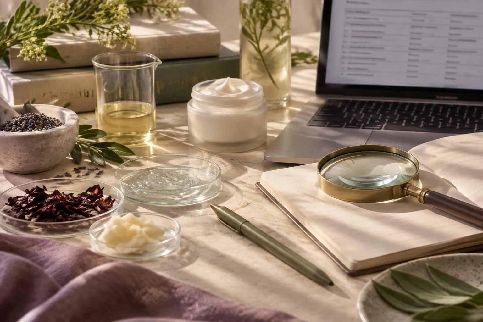 Imagen conceptual que muestra ingredientes cosméticos naturales en platos de vidrio, un frasco de crema, un cuaderno con una lupa encima, un bolígrafo, y una computadora portátil con datos visibles, en una mesa de trabajo.