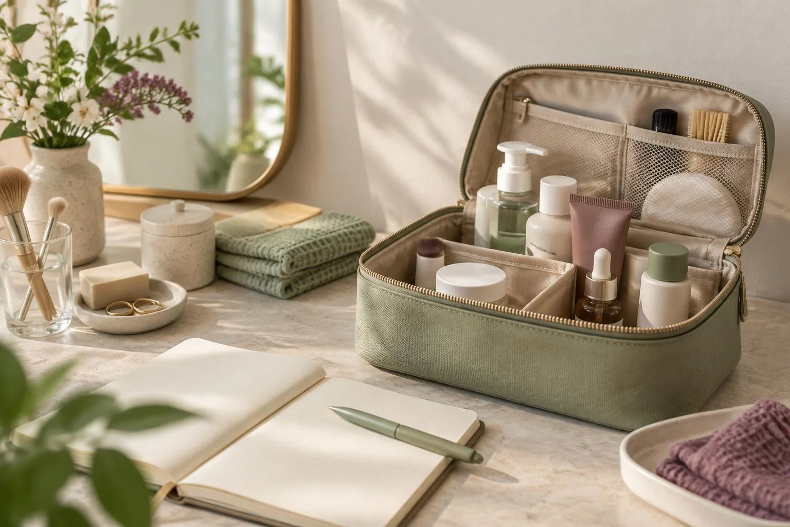 Imagen conceptual de un neceser organizado con varios envases de productos cosméticos sobre una superficie clara, junto a un espejo, toallas y un cuaderno abierto con un bolígrafo.