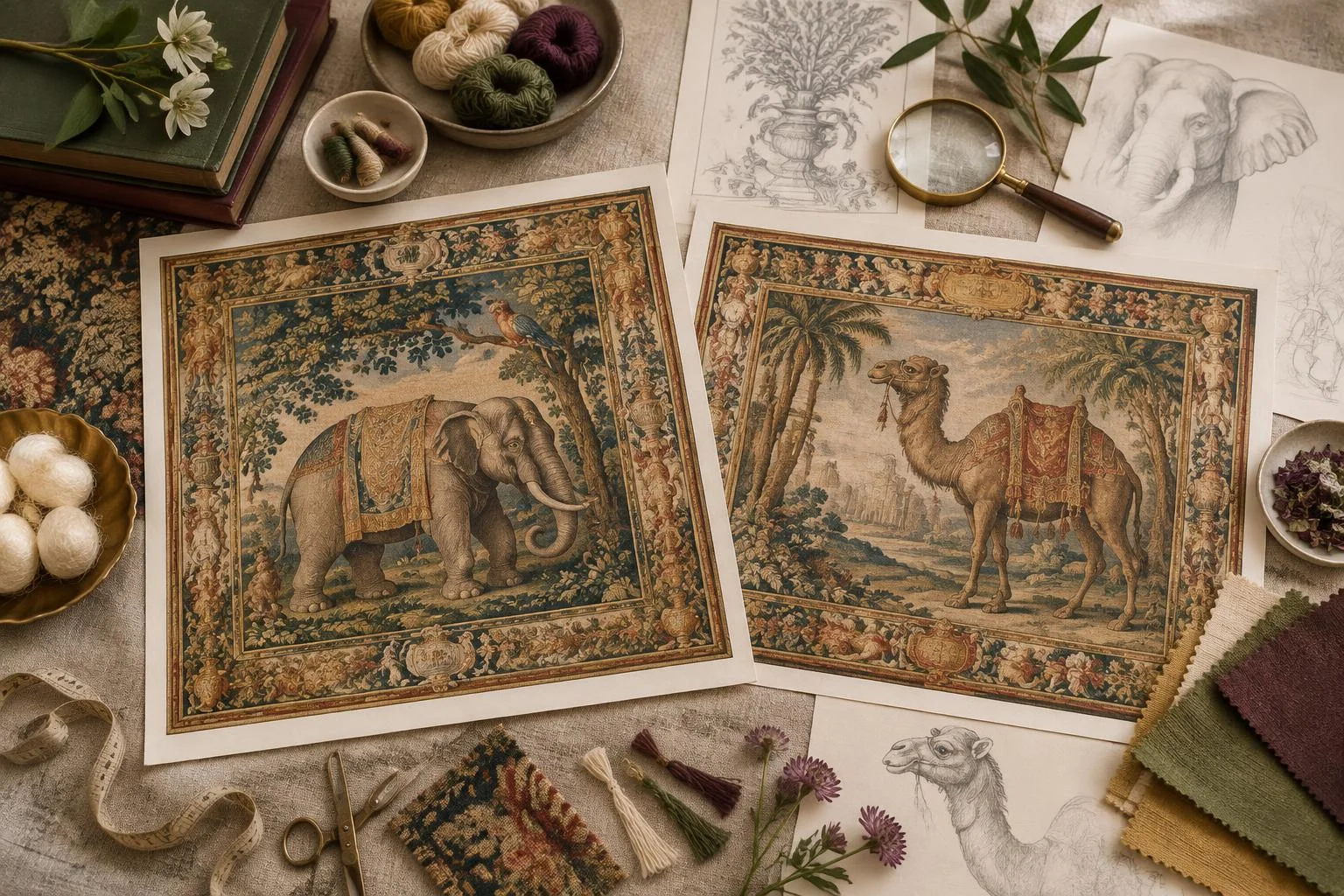 Conceptual illustration showing two tapestries featuring detailed images of an elephant and a camel, surrounded by related artistic materials such as yarn balls, brushes, and sketches.