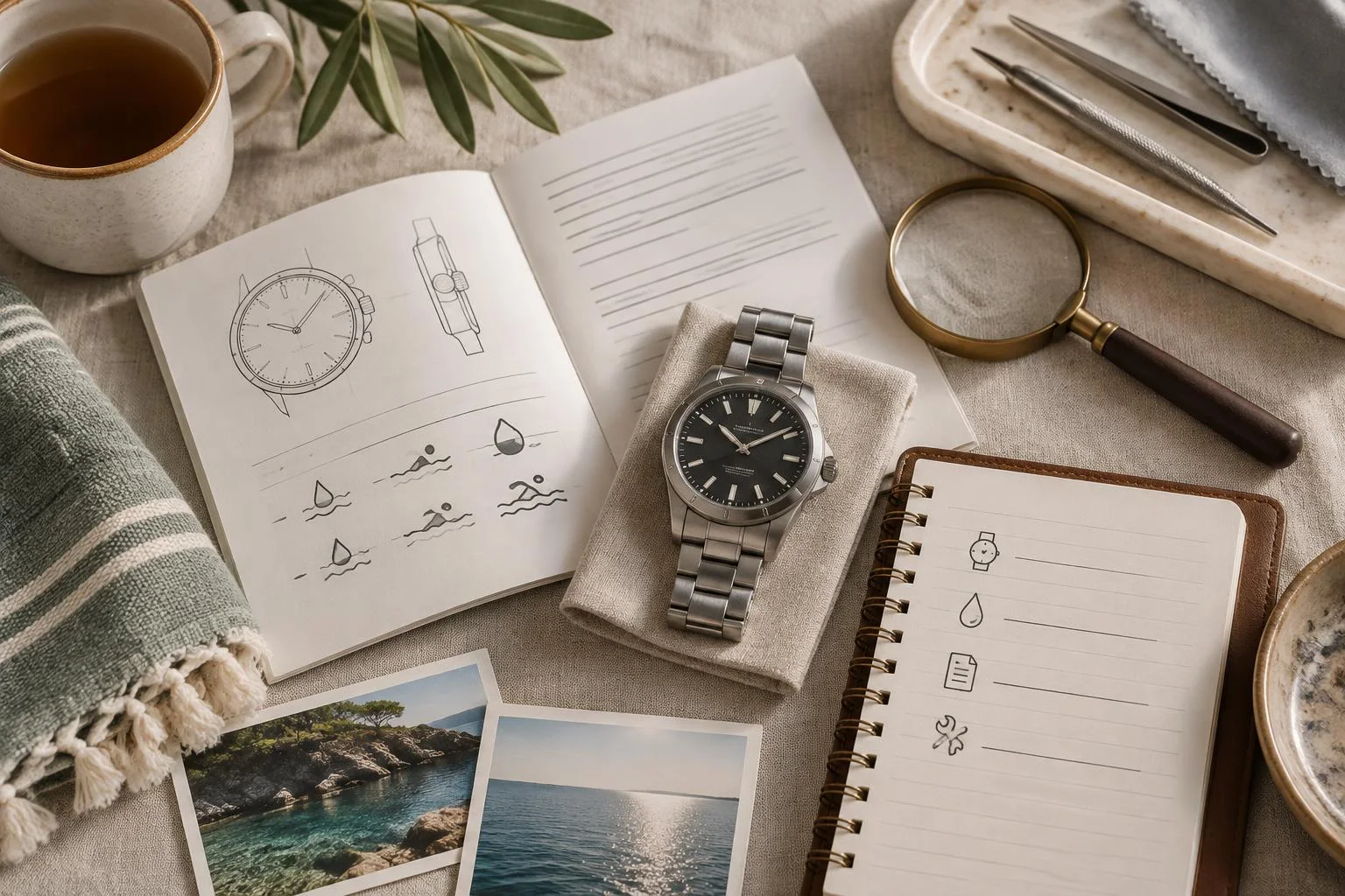 Ilustración conceptual de un reloj junto a un manual abierto con dibujos sobre resistencia al agua, una lupa, fotos de mar, una taza de té y un cuaderno con iconos relacionados.
