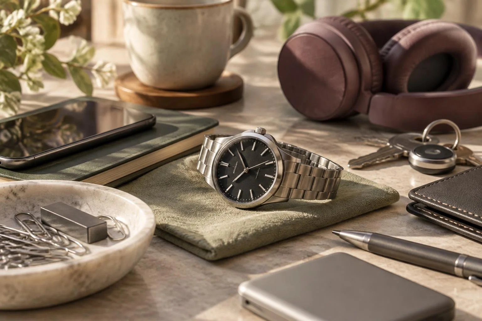 Imagen conceptual que muestra un reloj de pulsera de acero sobre un paño, rodeado de objetos cotidianos como auriculares, llaves, bolígrafo, teléfono móvil y taza.