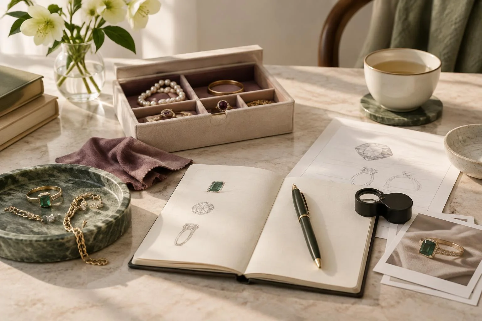 Imagen conceptual de un escritorio con joyas, un cuaderno abierto con bocetos de anillos, una lupa, fotografías de anillos, una caja organizadora de joyas y una taza de té.