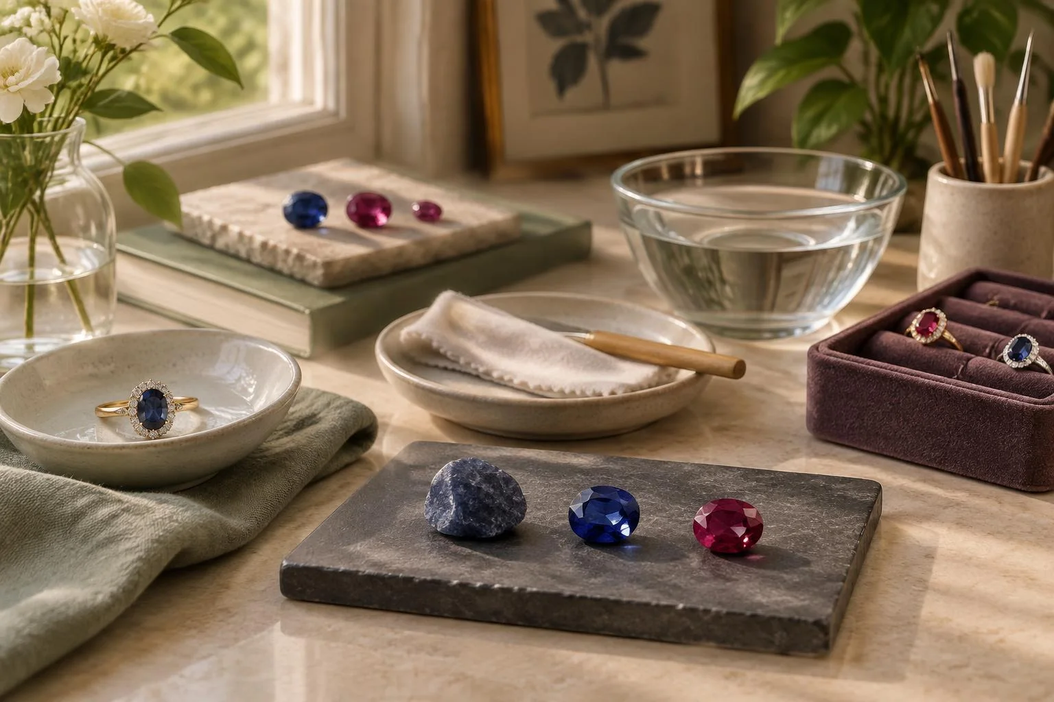 Conceptual image of a table with rough and faceted gemstones (sapphires and rubies), a ring with a blue gemstone, a cleaning cloth, a bowl of water, and brushes, representing gemstone care.