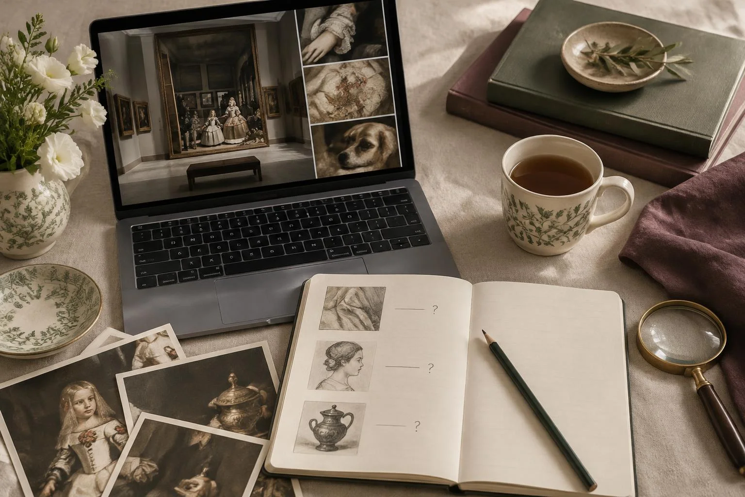 Imagen conceptual que muestra una visita virtual al museo: un portátil con imágenes de obras de arte del Prado, un cuaderno con dibujos de detalles de pinturas y un lápiz, junto a una taza de té, platos pequeños, una lupa y flores.
