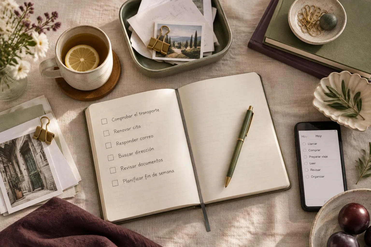 Conceptual image of a table with an open notebook showing a to-do list in Spanish and a pen on top. Nearby, a smartphone displays another task list, and there is a cup of tea with a slice of lemon, along with various organizing items.