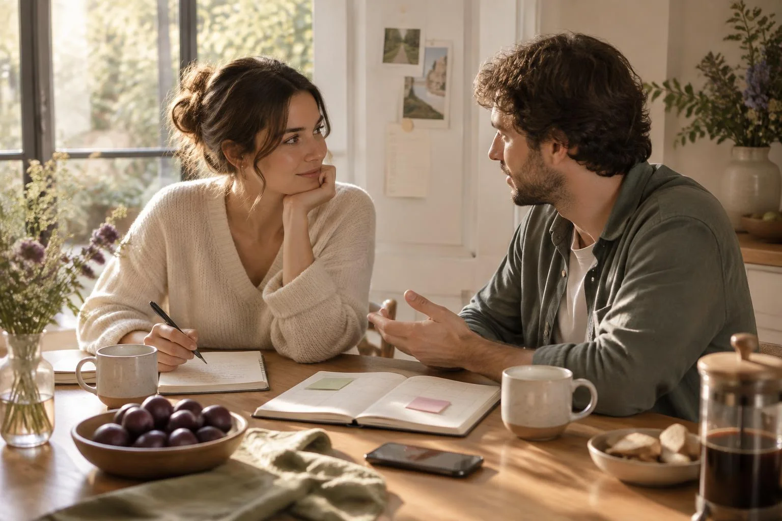 Ilustración conceptual de una pareja conversando tranquilamente en una mesa, con cuadernos y tazas, en un ambiente hogareño y luminoso.