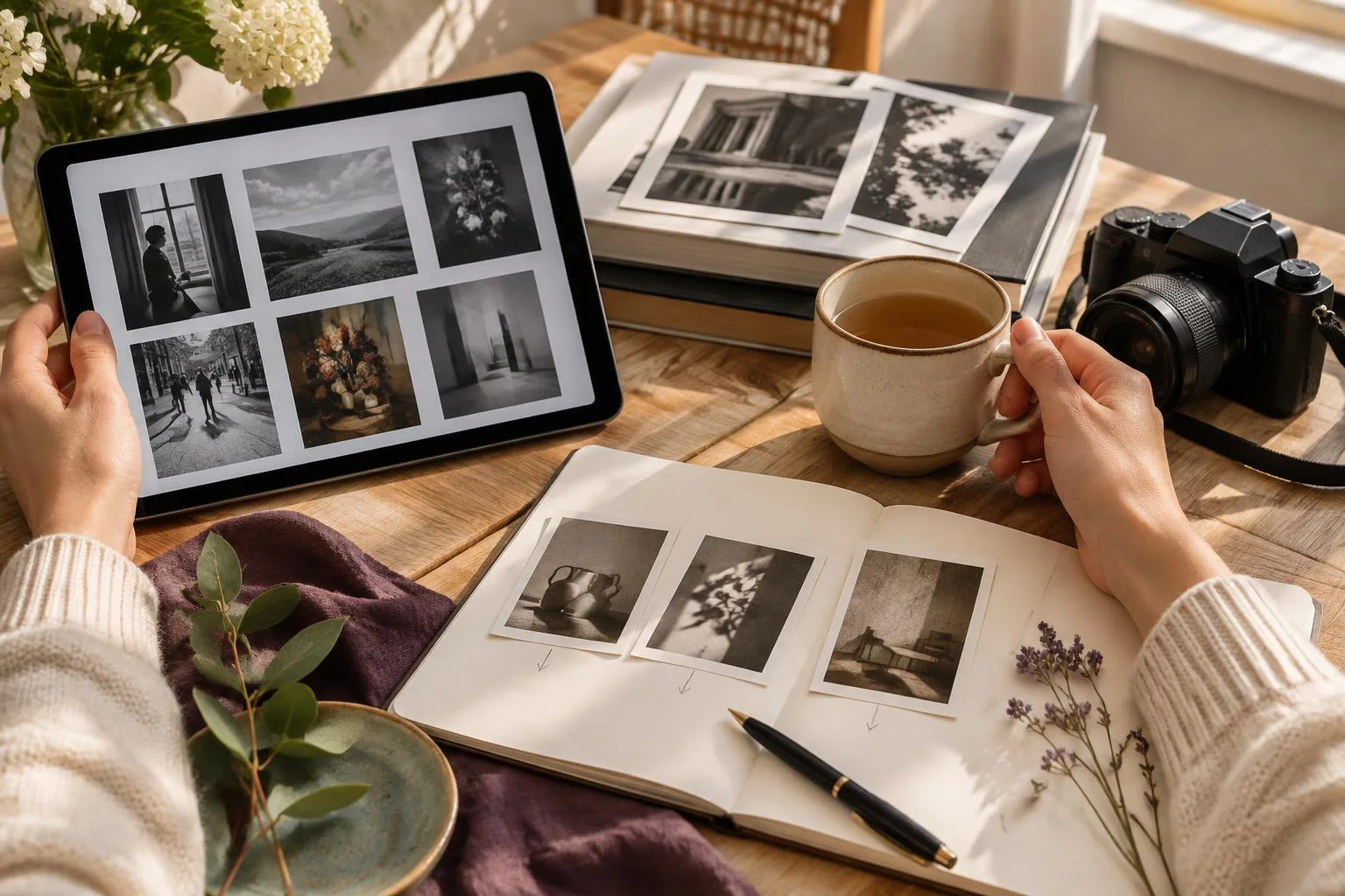 Person holding a tablet displaying black-and-white photos, next to a notebook with printed photos, a camera, and a cup of coffee on a wooden table in a warm, cozy setting.