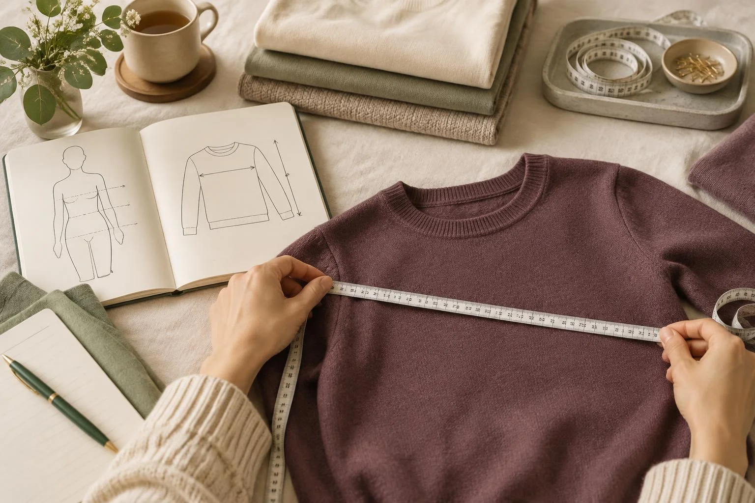 Conceptual illustration of a person measuring a sweater with a tape measure, with an open notebook showing diagrams of body and garment measurements, alongside folded clothes and accessories on a surface.