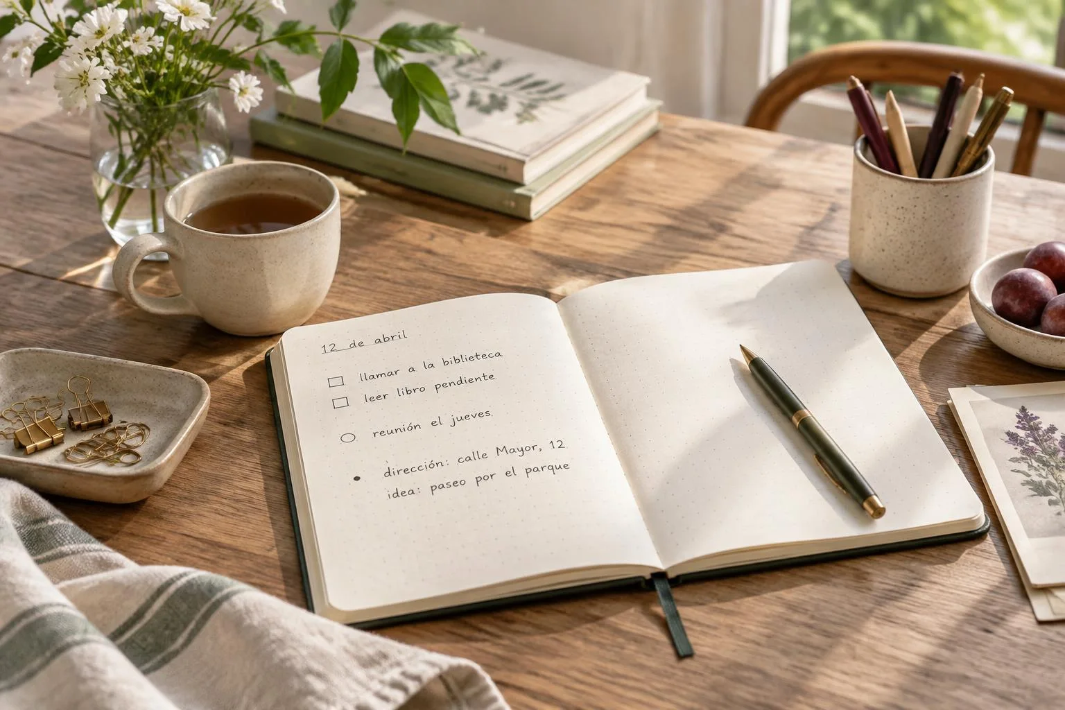Conceptual image of an open notebook with a handwritten quick log page in Spanish, listing tasks, meetings, addresses, and ideas, on a wooden table with a cup of tea, flowers in a vase, pens, and some fruit.
