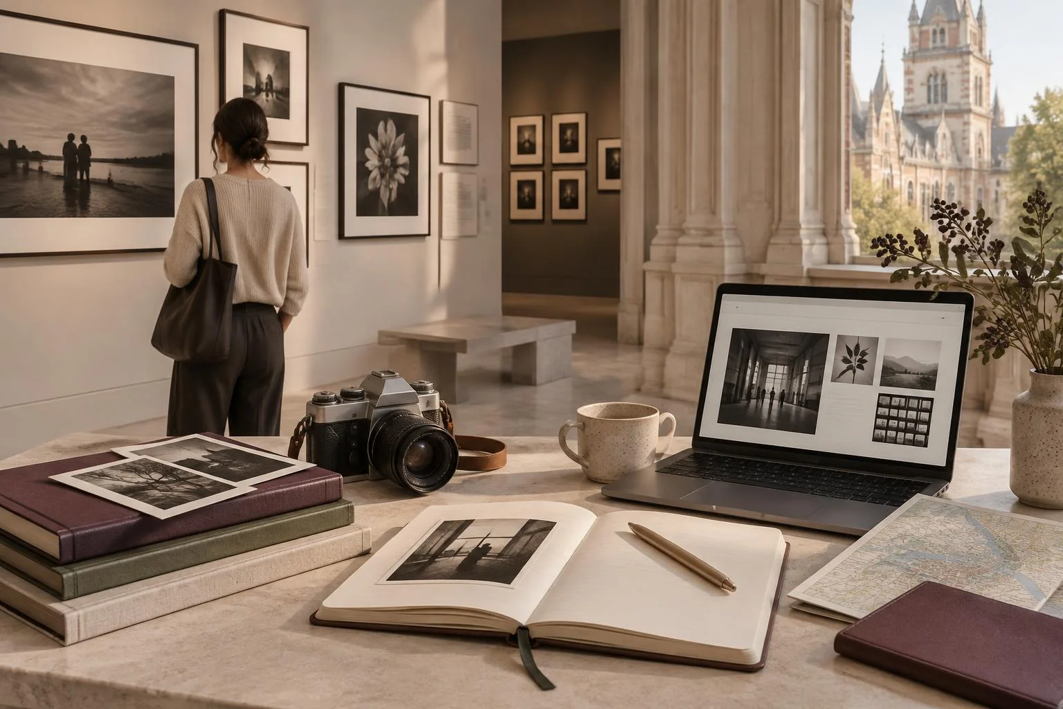 Ilustración conceptual de un espacio de estudio en un museo de fotografía con libros, cámara analógica, fotografías en papel y un portátil mostrando imágenes en blanco y negro, con una persona observando fotos expuestas en la pared y arquitectura clásica visible a través de una ventana.