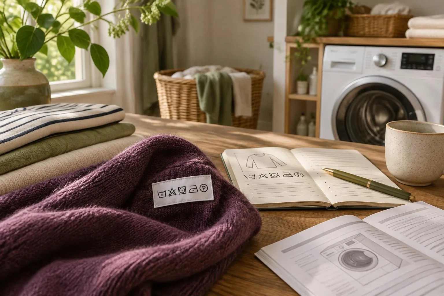 Imagen conceptual de ropa doblada con etiqueta de cuidado visible, un cuaderno abierto con dibujos de símbolos de cuidado de prendas y una lavadora en un ambiente hogareño.