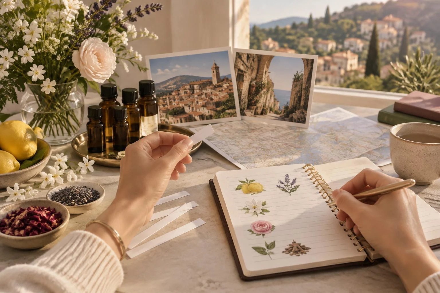 Conceptual illustration of a perfumery workshop showing hands holding scent strips, a notebook with botanical illustrations, small bottles, flowers and lemons on a table, with scenic photos and a sunny view in the background.