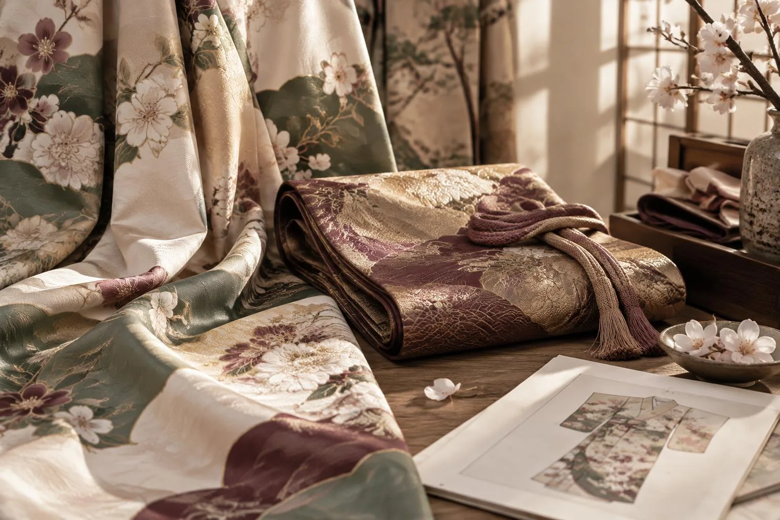 Ilustración conceptual de telas de kimono y un obi con motivos florales, dispuestas sobre una mesa con una ilustración de kimono y flores decorativas.