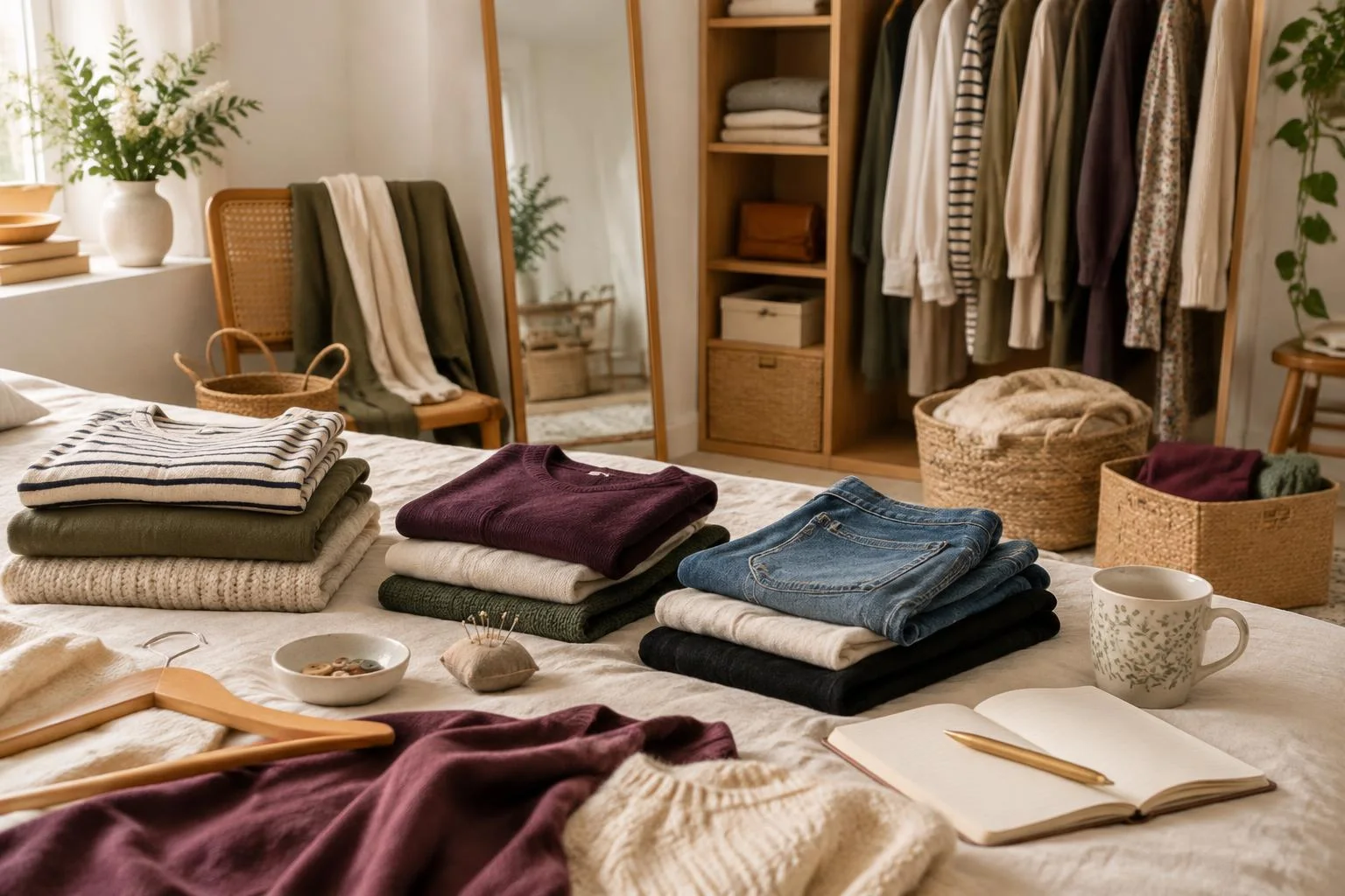 Imagem conceitual de um quarto aconchegante com roupas dobradas cuidadosamente na cama, cabides, um caderno aberto com uma caneta e uma xícara, com um guarda-roupa organizado ao fundo.