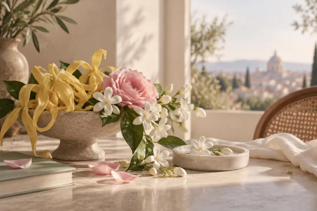 Conceptual illustration of yellow, pink, and white flowers in a stone bowl on a table with scattered petals and a book, with a blurred urban and greenery landscape in the background.
