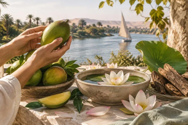 Immagine concettuale che mostra mani che tengono un mango verde con sullo sfondo un fiume, una barca a vela, fiori di loto ed elementi naturali su una superficie, evocando note di mango, loto e sicomoro.