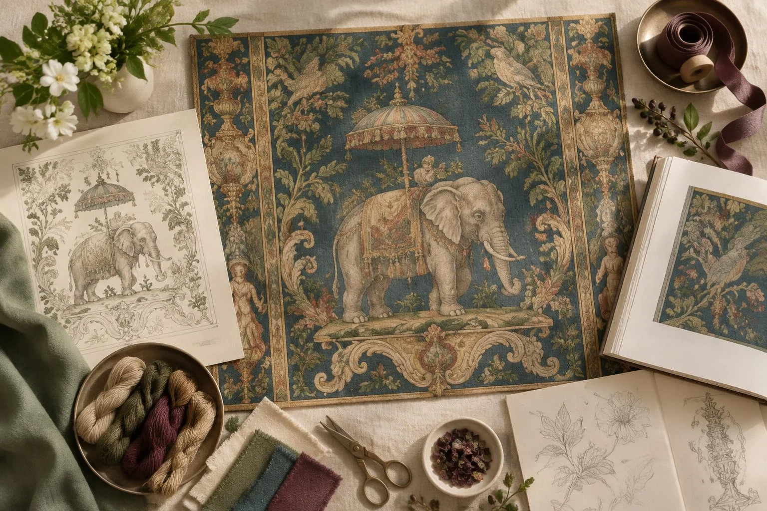 Composición conceptual que muestra un textil con un elefante decorativo rodeado de bocetos, hilos de colores, muestras de tela, tijeras y flores, en un entorno artístico y artesanal.