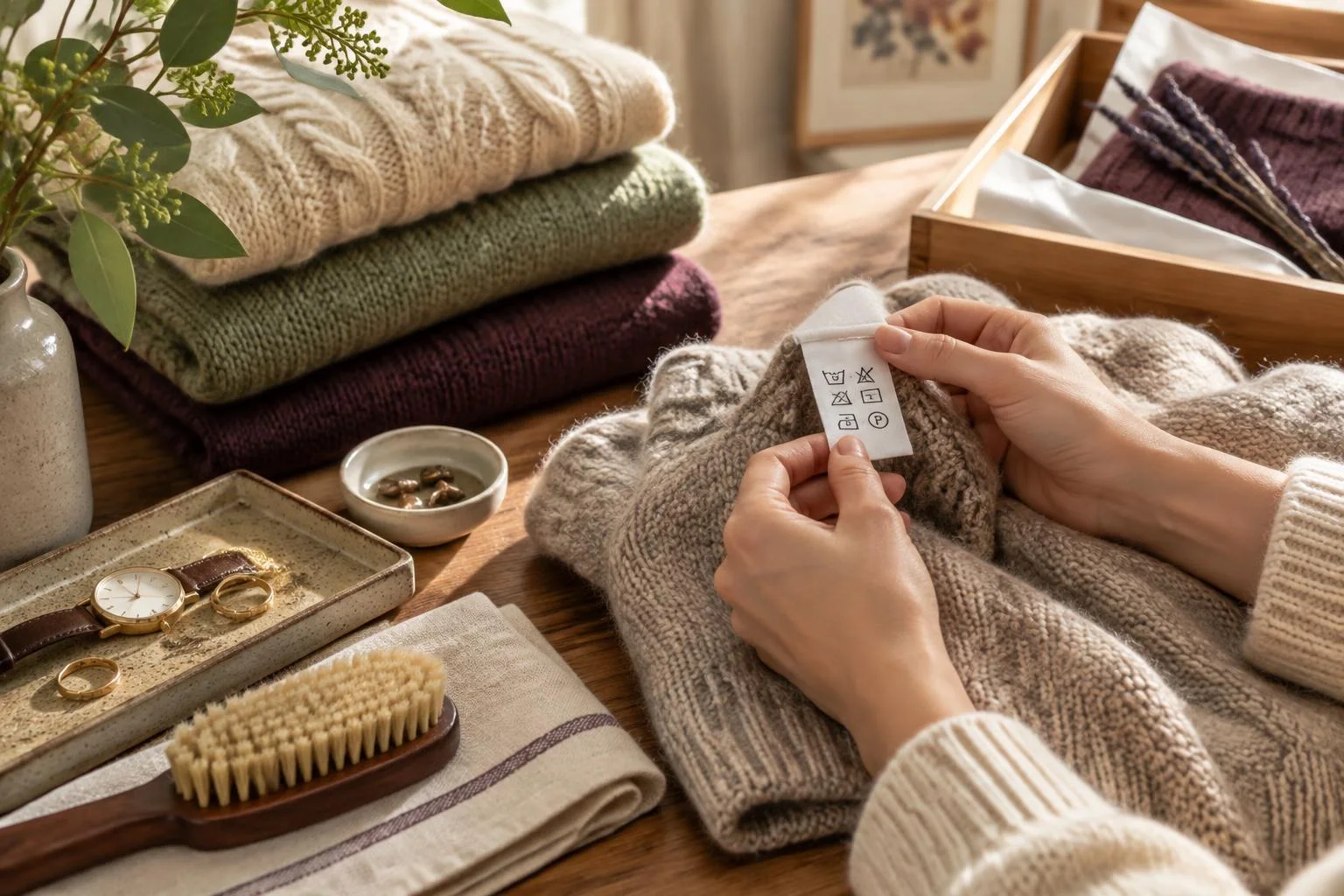 Person liest das Pflegeetikett eines Wollkleidungsstücks, mit mehreren gefalteten Wollpullovern und dazugehörigen Accessoires auf einem Holztisch.