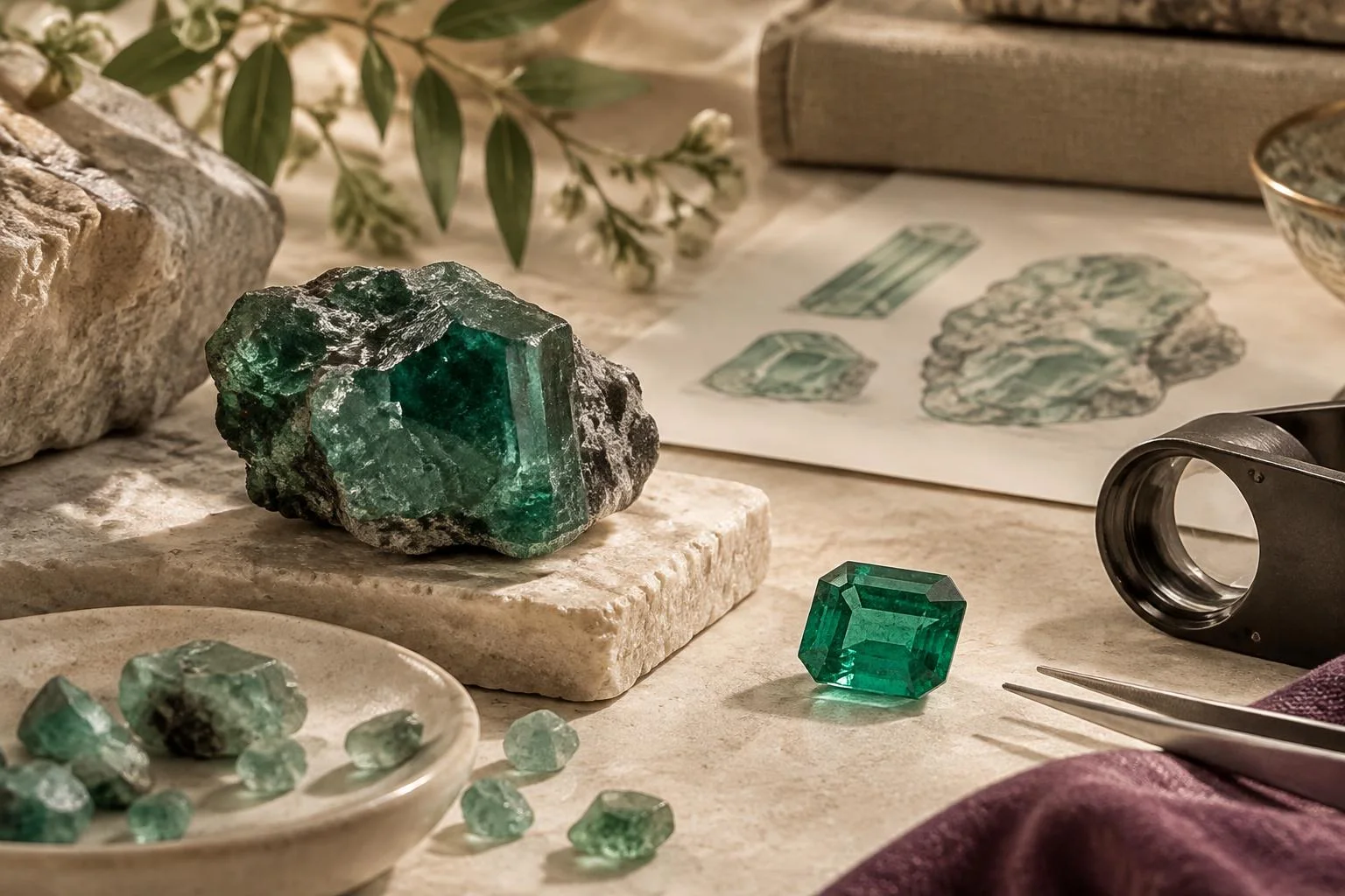 Konzeptuelles Bild von Smaragden in verschiedenen Stadien: ein großes rohes Stück mit tiefgrüner Farbe, mehrere kleinere Steine, ein geschliffener Smaragd und eine Illustration von Smaragden auf einem Tisch mit Juwelierwerkzeugen.