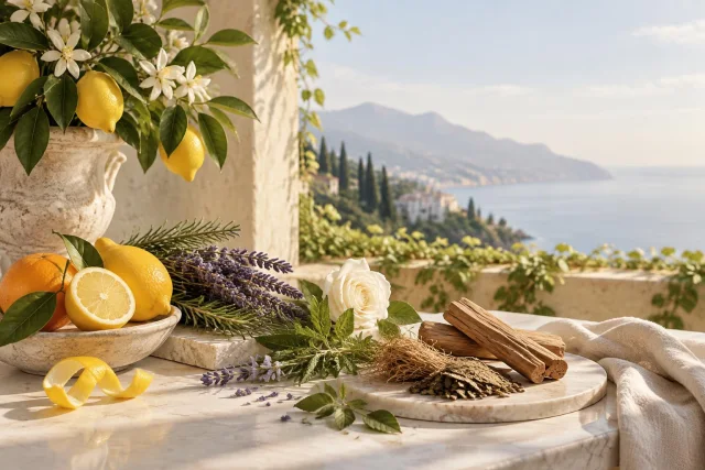 Conceptual illustration showing lemons, lavender, wood, and white flowers arranged on a marble surface with a coastal landscape in the background.