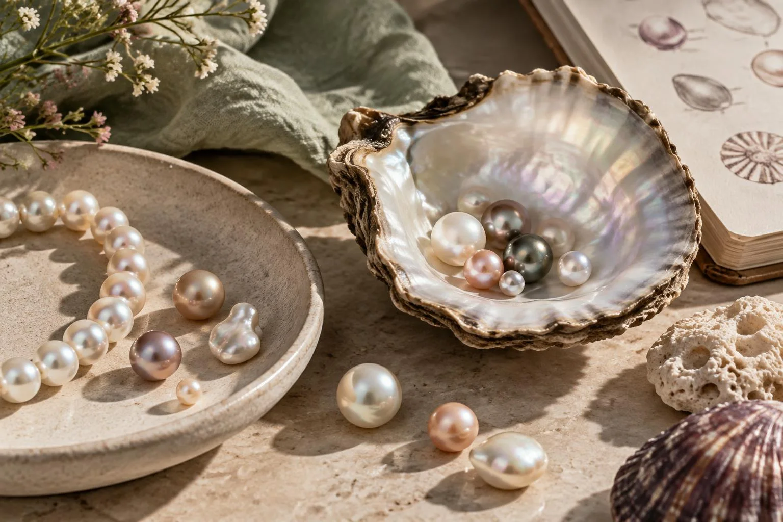 Conceptual illustration showing a variety of pearls in different colors and sizes inside a shell and on a plate, accompanied by natural elements on a light surface.