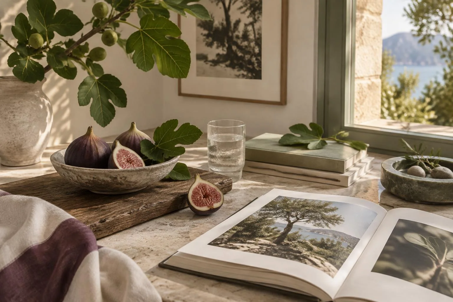 Konzeptionelle redaktionelle Illustration eines Stilllebens mit Feigen, Feigenblättern, einem Glas Wasser, gestapelten Büchern und einem aufgeschlagenen Buch mit Naturbildern neben einem Fenster mit Blick auf eine natürliche Landschaft.