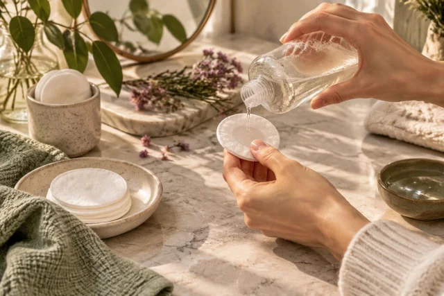 Conceptual illustration of hands pouring clear liquid onto a cotton pad in a bathroom setting with towels, flowers, and mirrors.