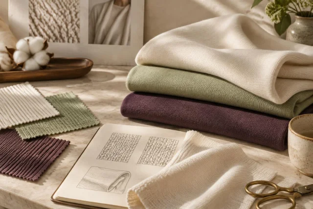 Image conceptuelle d'échantillons de tissu Interlock pliés en beige, vert et brun, avec des échantillons de tissu, un carnet avec des croquis de tricot, et du coton naturel dans un environnement chaleureux et ordonné.