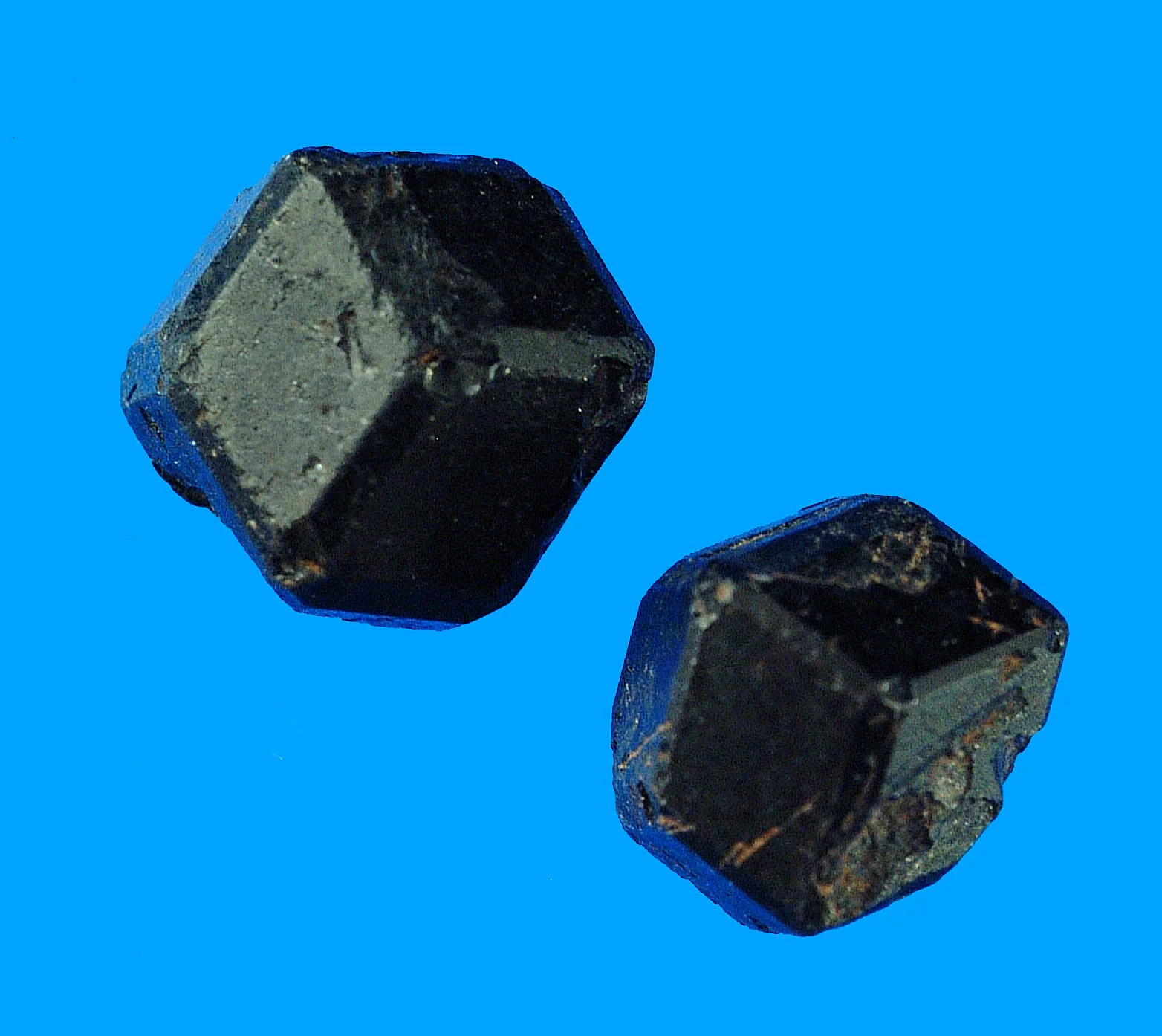Cristales de granate andradita sobre fondo azul.