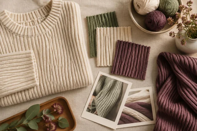Illustration conceptuelle de tissus en maille canalé comprenant un pull beige, des échantillons en crème, vert et violet, des pelotes de laine et des éléments décoratifs sur une surface neutre.