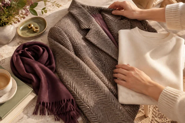 Conceptual editorial image showing a clothing combination proposal: a herringbone patterned coat, a plain white sweater, and a purple scarf, alongside accessories and a cup of coffee on a table.